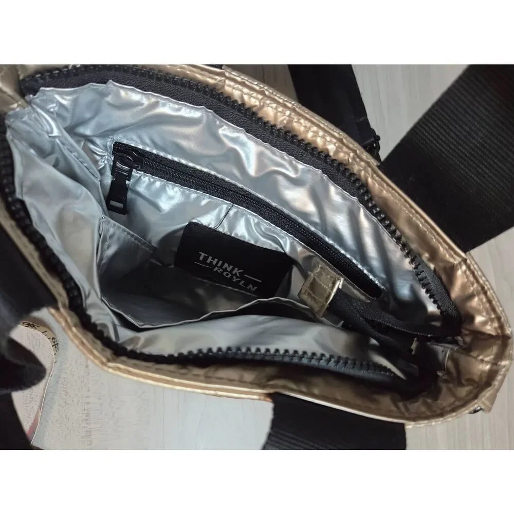 Think Royln Metallic Gold Quilted Puffer Crossbody Bag Mini Tote Handbag